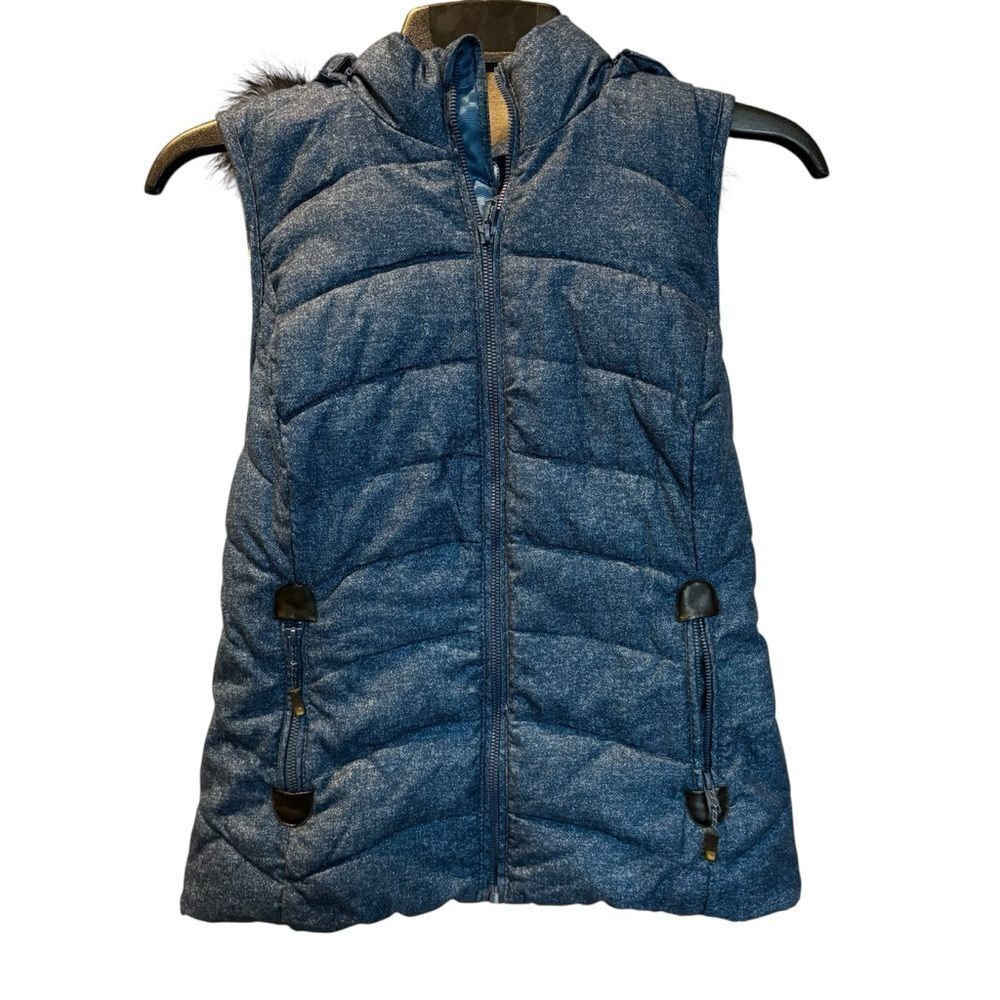 GreenTea Women's Blue Hooded Fleece Lined puffer Vest Full Zip Size Small